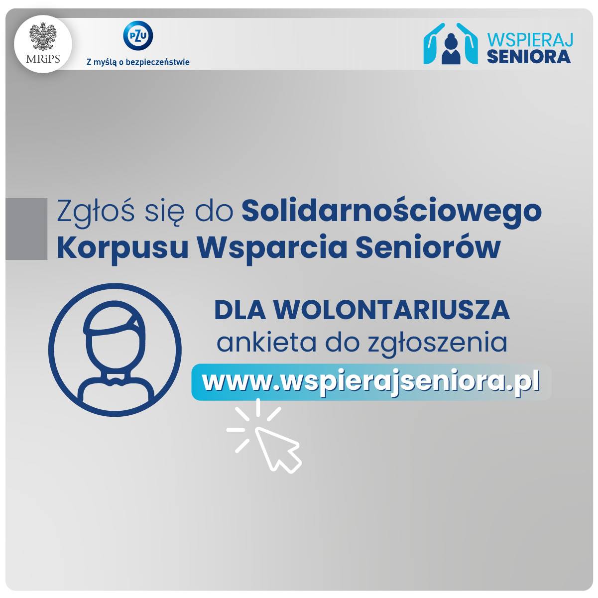Tekst na grafice: Zgłoś się do Solidarnościowego Korpusu Wsparcia Seniorów. Dla wolontariuszy ankieta do zgłoszenia: www.wspierajseniora.pl